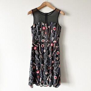 Tahari ASL Black Floral Embroidered Illusion‎ Neckline Sleeveless Dress Size 8